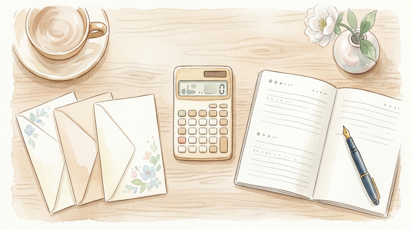 婚活全体でかかった金額の内訳を象徴する、家計簿風のノートと電卓