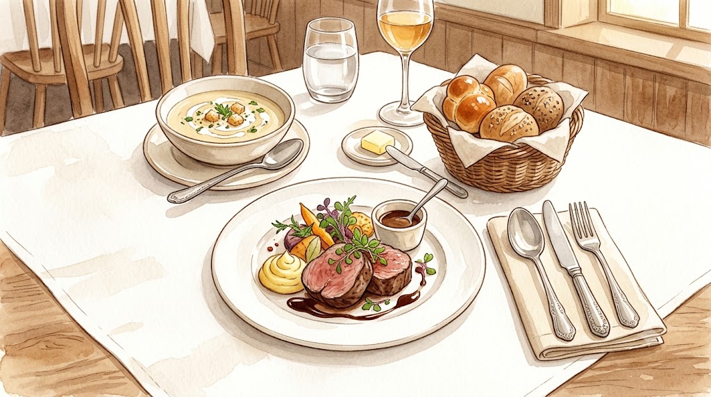 式場での試食コース（スープ・パン・肉料理）のイメージ